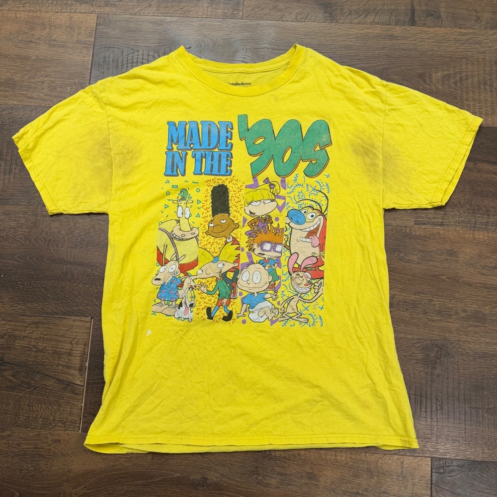 Nickelodeon Made in the 90s Graphic T-Shirt Yellow Mens Large Nicktoons Stained